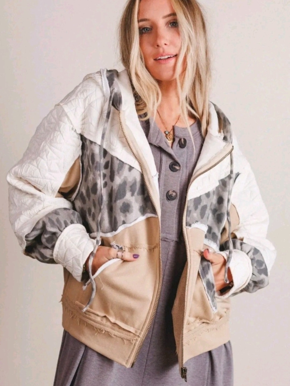 POL Mixed-Media Hooded Jacket in Beige, Gray & White